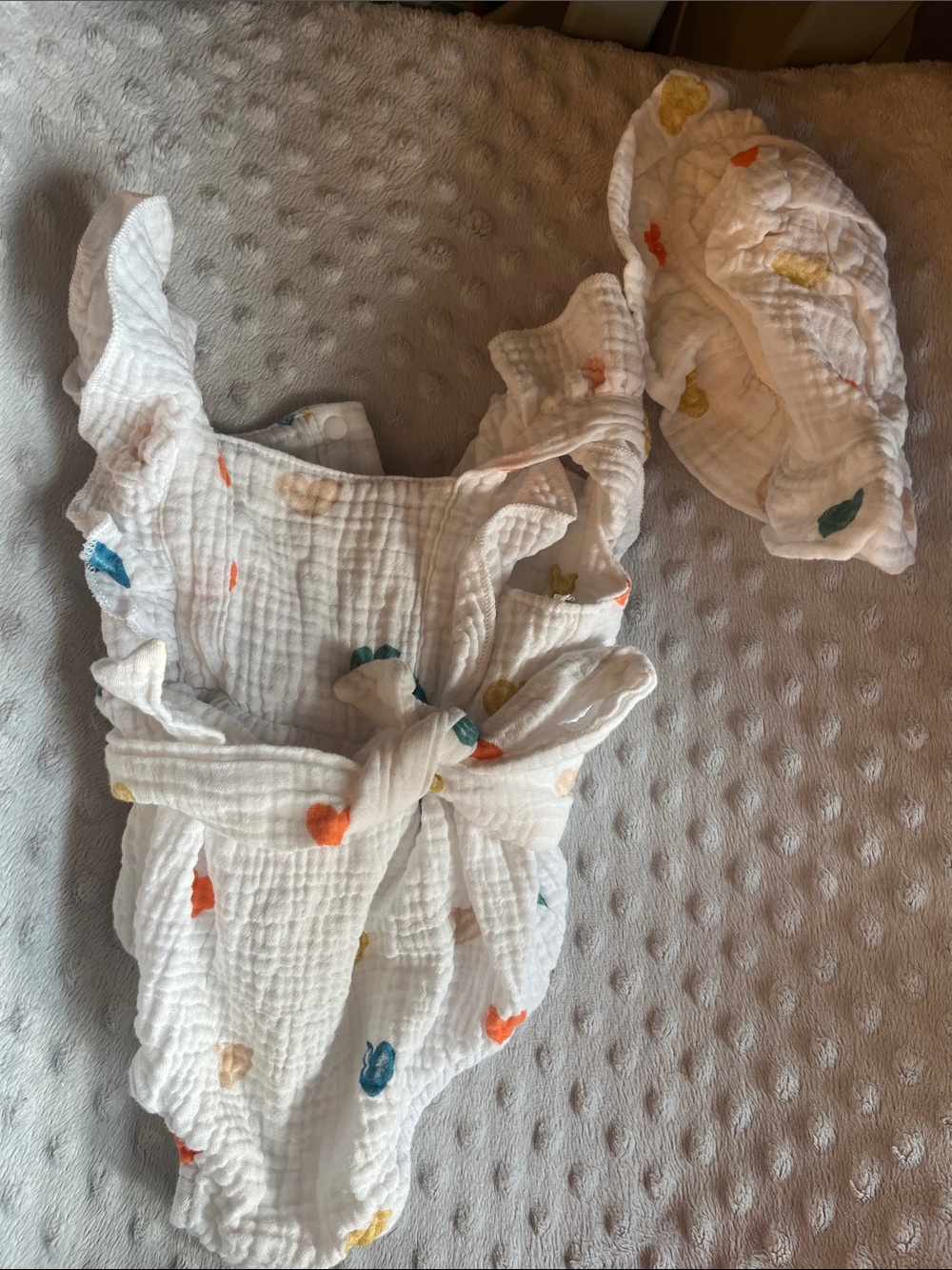 White Muslin body suit Multi-Color Floral Prints with matching sun hat